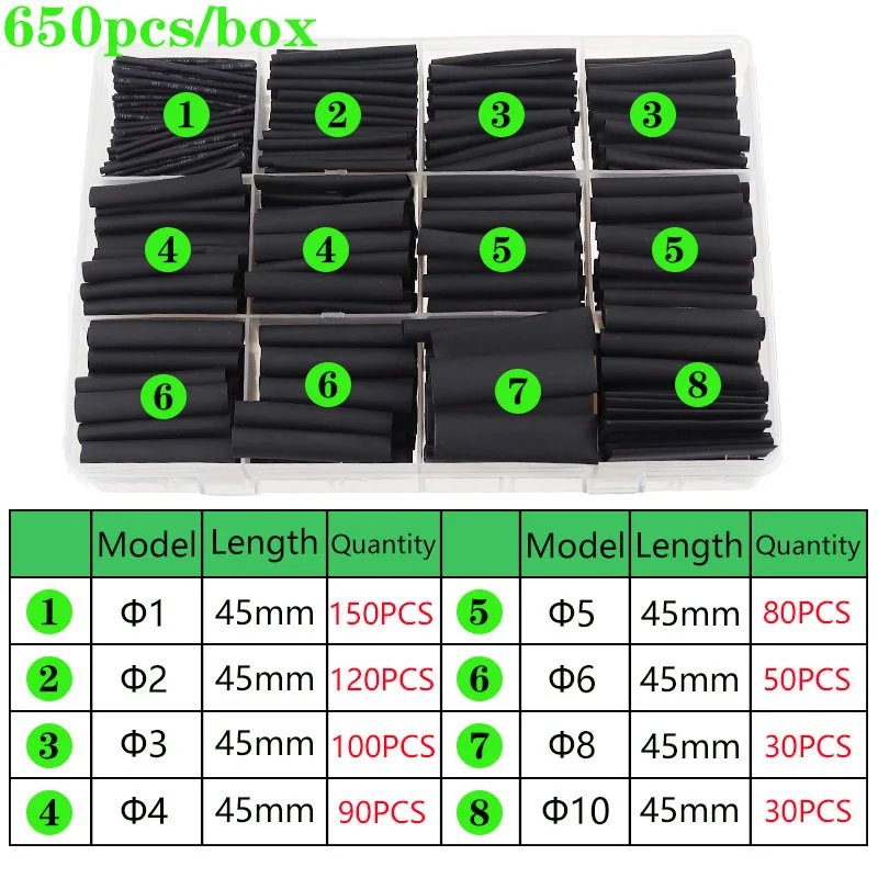560PCS/Box Thermoresistant tube Shrink wrapping 2:1 Black heat shrink Sleeving set Wire Cable Polyolefin Wrap Tubing