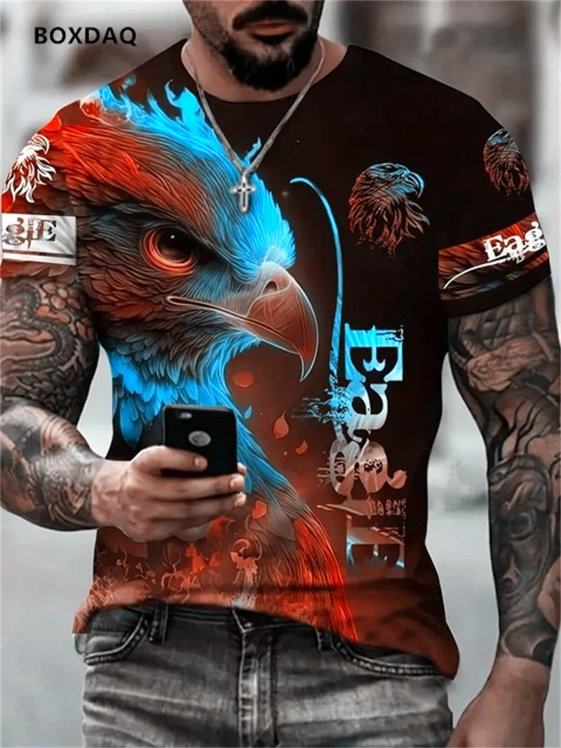 Tops casuais com decote em o solto masculino, impressão animal 3D, camiseta de rua, manga curta, tamanho grande, camiseta respirável, moda águia, 6XL