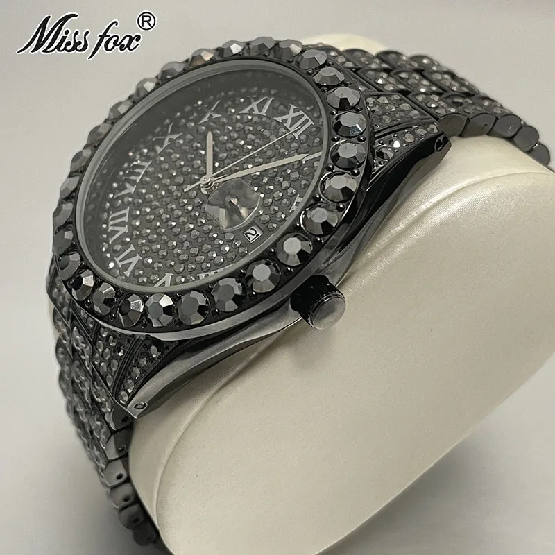 

MISSFOX Cool Black Iced Watch For Men Fashion Stainless Steel Quartz Clocks Man Hip Hop Diamond WristWatch Reloj Free Shipping