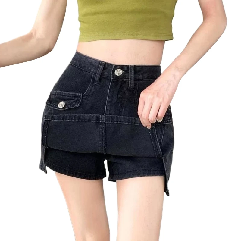 

Fashion Women's Split Side Shorts Hot Girls Summer Solid Color High Waist Button Mini Short Jeans Skirt with Pockets Streetwear