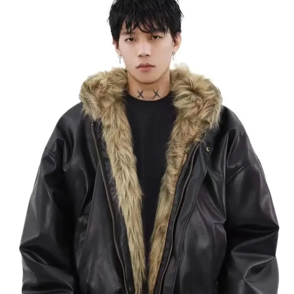 High Quality Winter New Fashion American Men's Solid Color Casual Trendy Loose Daily Thicken Faux Leather Coats Male Clothes