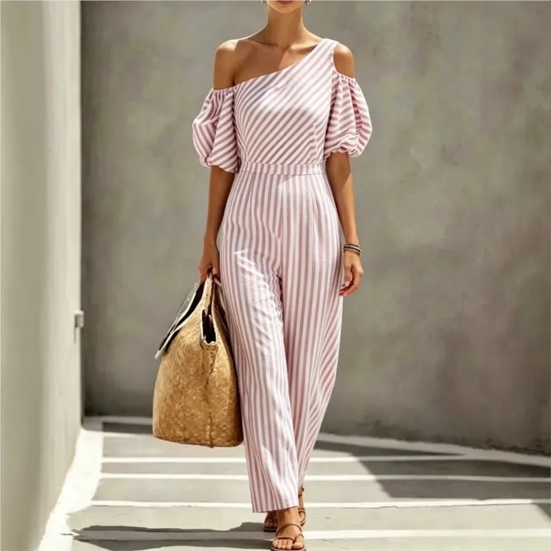 2026 New Summer Women's Jumpsuit With Striped Diagonal Shoulder Bubble Sleeves Fashionable And Comfortable Unique Jumpsuit Pants view 4