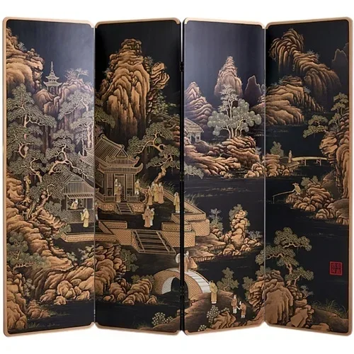 A  Character Landscape Screen Ancient Chinese Style Hand Painted Lacquer Painting Home Decoration Hotel Club Folding Partition