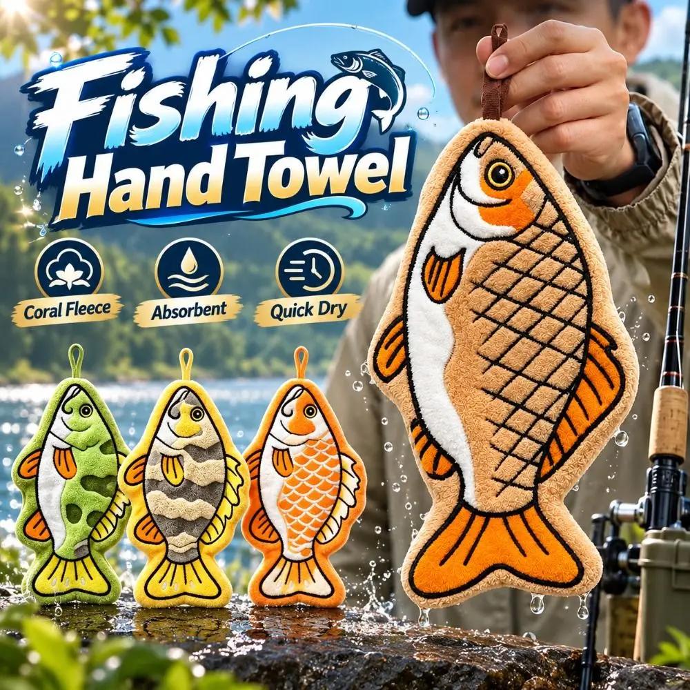 Absorbent Fishing Hand Towel Thickened Hanging Lure Fishing Wipe Cloth Coral Fleece Lightweight Fish Shaped Towel