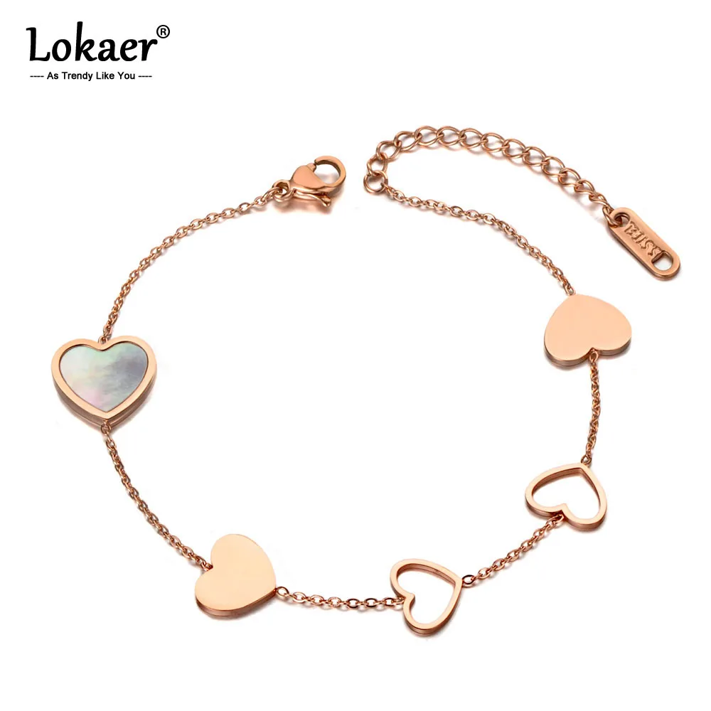 Lokaer Trendy Shell Heart Charm Anniversary Bracelet Bangle Stainless Steel Bohemia Chain & Link Women Bracelets Jewelry B19117