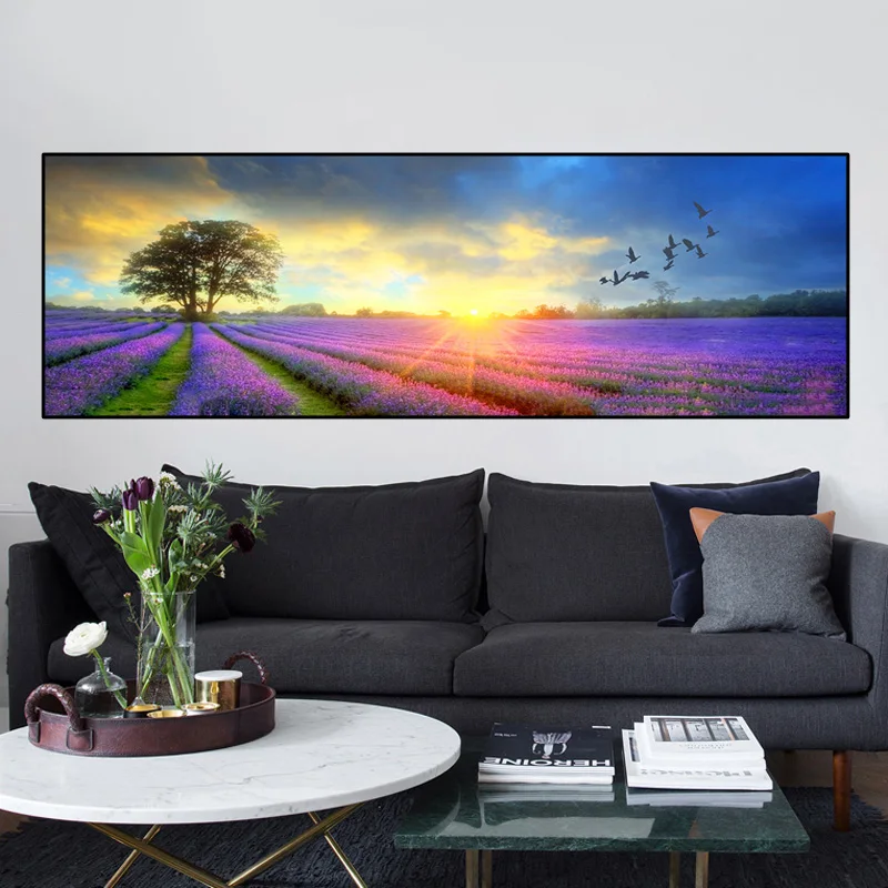 Lavender Field Pictures Landscape Sunset Flower Posters Canvas Painting Wall Art Pictures for Living Room Home Decor No Frame