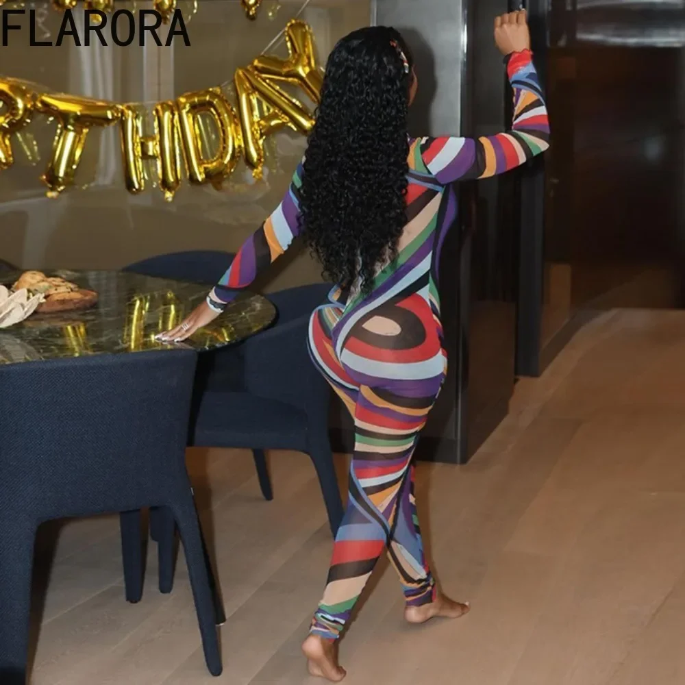 FLARORA Fashion Colorful Stripe Printing Jumpsuits Sexy Mesh See Through Long Sleeve Skinny One Piece Overalls Y2k Clubwear New