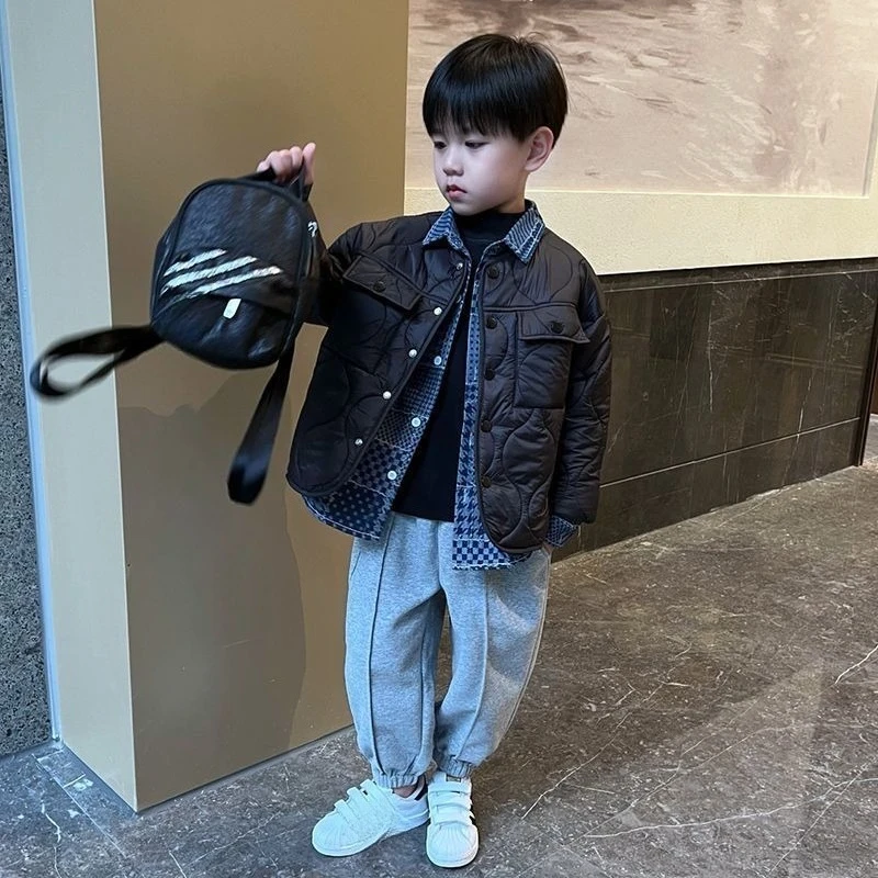 Boys Winter Padded Jacket Shirt Collar Casual Warm Cotton Coat Kids Outerwear 2026 New Fashion