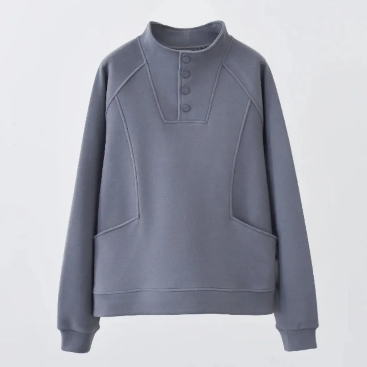 Moletom Feminino com Forro, Ajuste Solto, Gola Alta, Botões, Detalhe Coreano, Casual, Confortável e Versátil