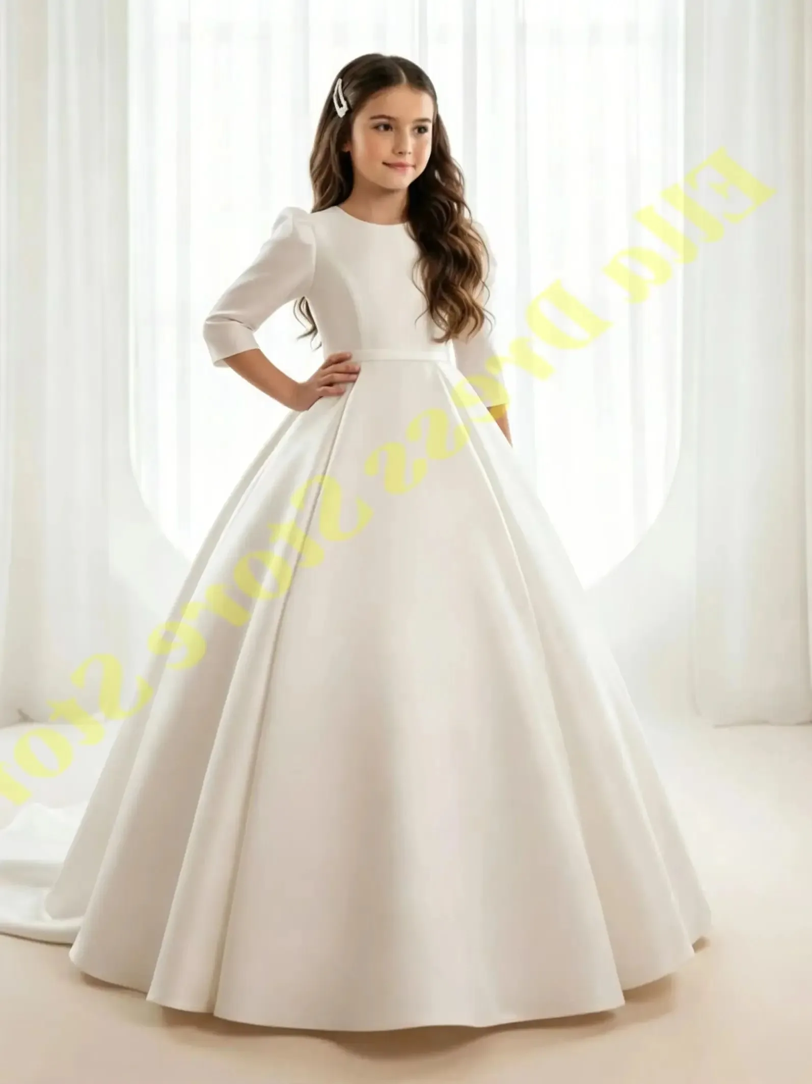 Maßgeschneidertes, bezauberndes Blumenmädchenkleid, neues langärmeliges, mattes Satin-A-Linien-Abendkleid mit Schleppe, für Mädchen, Hochzeit, Party, Prinzessin, Großhandel – Detail 3