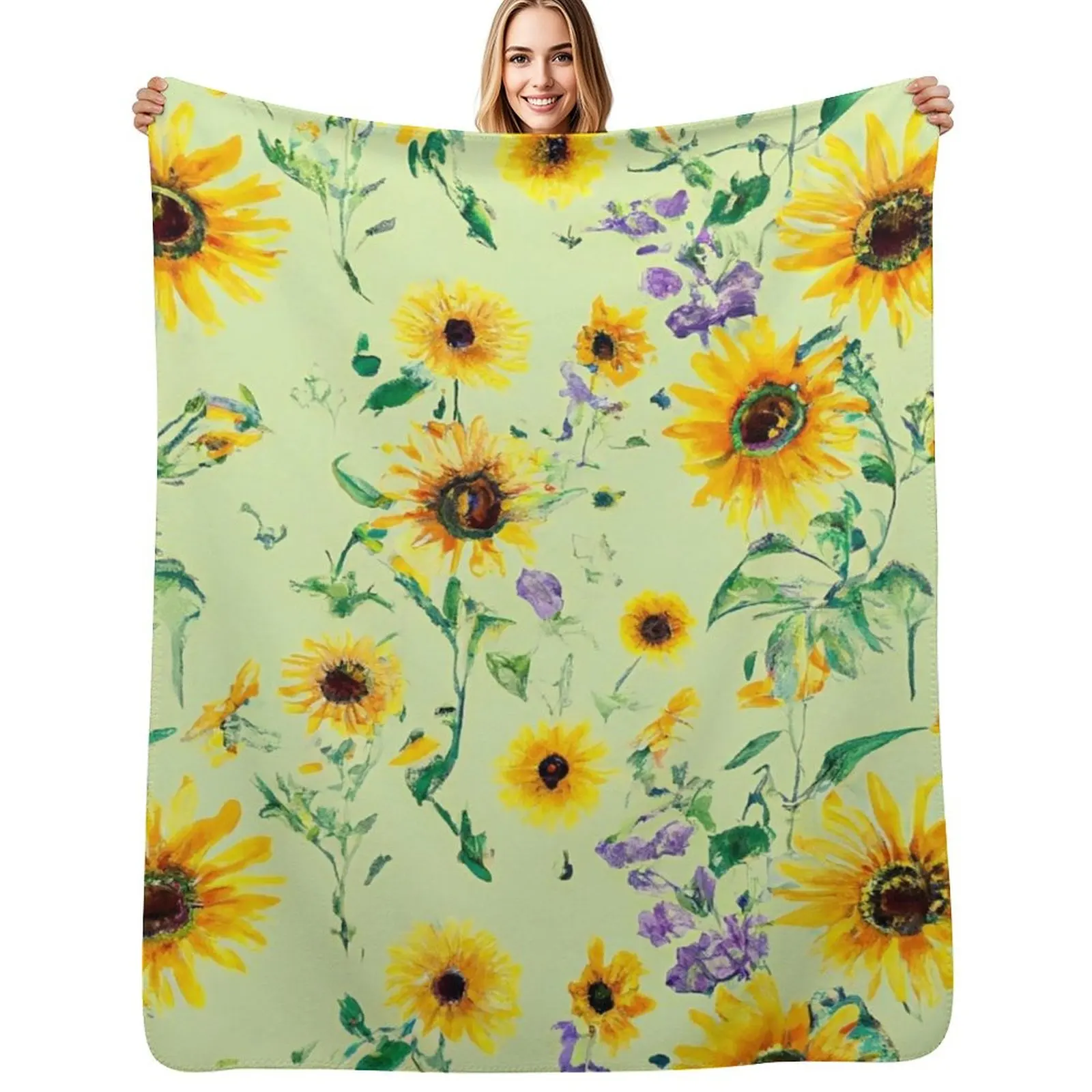 Cute Floral Pattern - Girly Watercolor Yellow Sunflowers Aesthetic Design Throw Blanket blankets ands Soft Blankets
