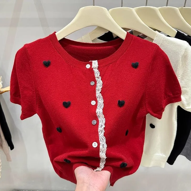 

Summer New Lace Knitting Cardigan Top Tee Ladies Office Lady Love Heart Decoration All-match Short Sleeve T-Shirts