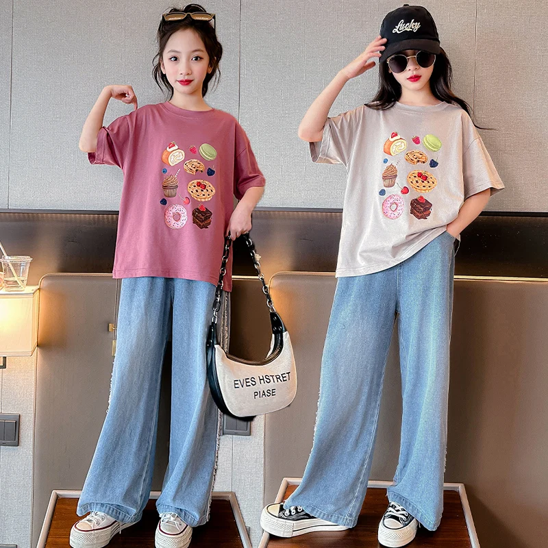 ensembles fille enfant short et top summer outfits teenage girls clothing sets cotton t shirt Denim wide leg pants 2pcs kid suit