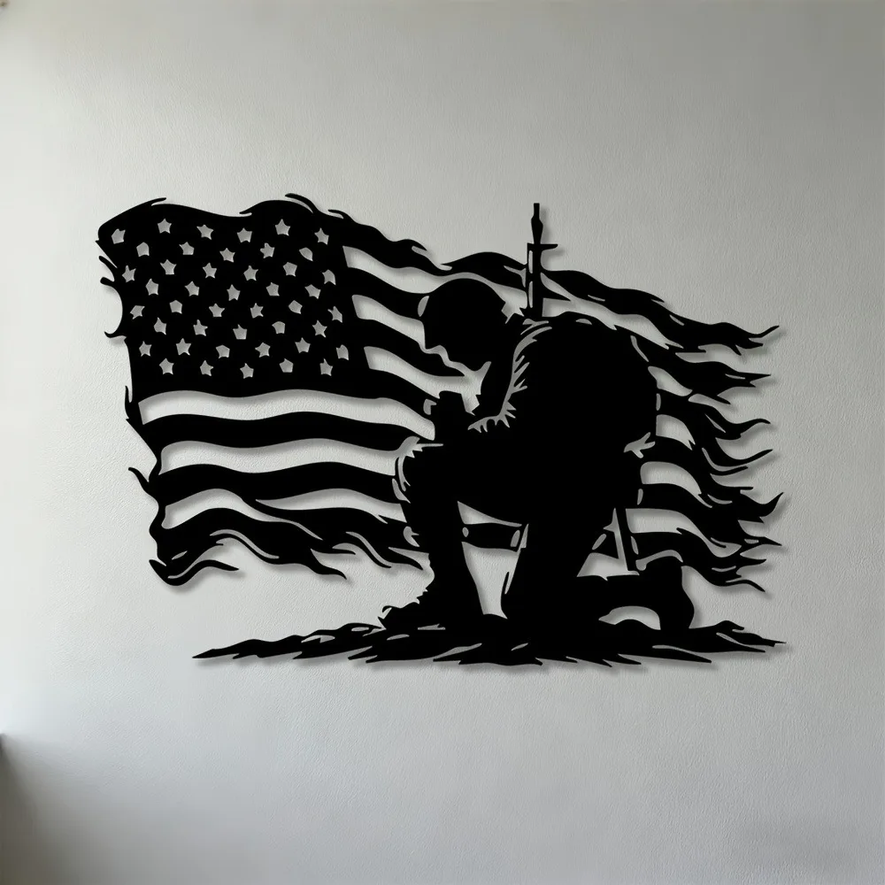 CIFBUY Metal Wall Art Iron Hanging Decor 2D Sculpture Kneeling Soldier American Flag For Living Room Office Indoor Outdoor
