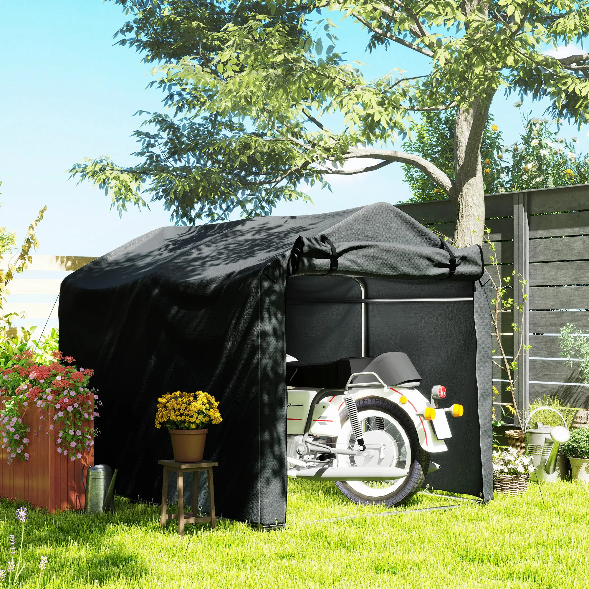 Tenda da giardino esterna Outsunny per attrezzi Biciclette 2,2X1,57X1,65 M, capannone esterno con porta staccabile con C
