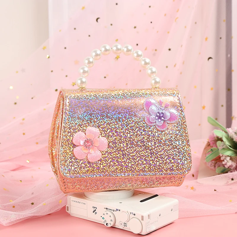 แฟชั่น Sequins กระเป๋าเด็กกระเป๋าถือ Mini Crossbody Messenger สาวเพิร์ลกระเป๋าผีเสื้อดอกไม้มือถือของขวัญเด็กกระเป๋า