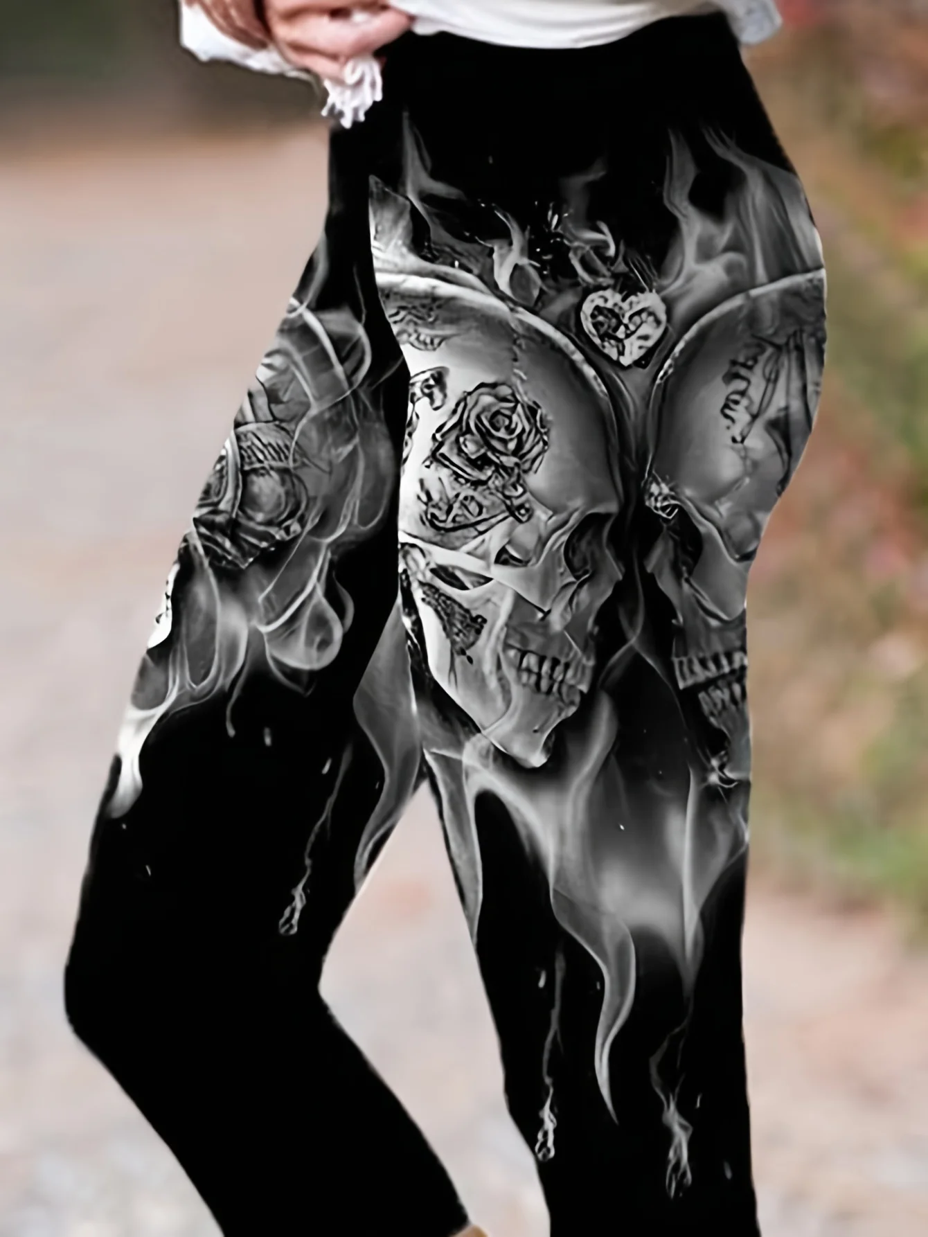 Women Mid‑Waist Fleece Lined Leggings, Skull Rose Flame Print, High Stretch Slim Warm Elastic Gothic Casual Sports Pants