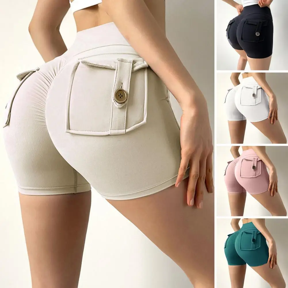 Fitness Yoga Shorts Women Seamless with Pocket Shorts High Waist Sports High Elastic Push Up Butt Running Three Point Shorts