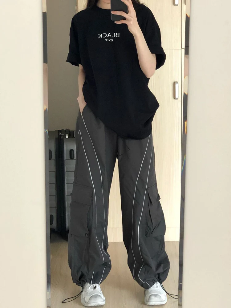 กางเกงทำงานทรงหลวมสไตล์อเมริกันย้อนยุค ลายทาง แห้งเร็ว สำหรับผู้หญิง ฤดูใบไม้ผลิ ฤดูใบไม้ร่วง รุ่นใหม่ ไซส์ใหญ่ ทรงขากว้าง สบายๆ