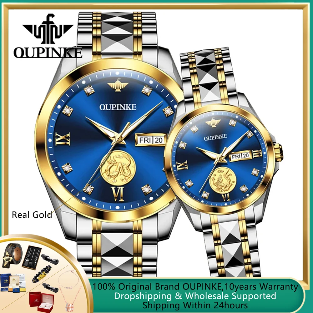 OUPINKE-Relógios mecânicos totalmente automáticos para homens e mulheres, Real Gold, Dragon e Casal Phoenix relógios, Luxury Import Japan movimento