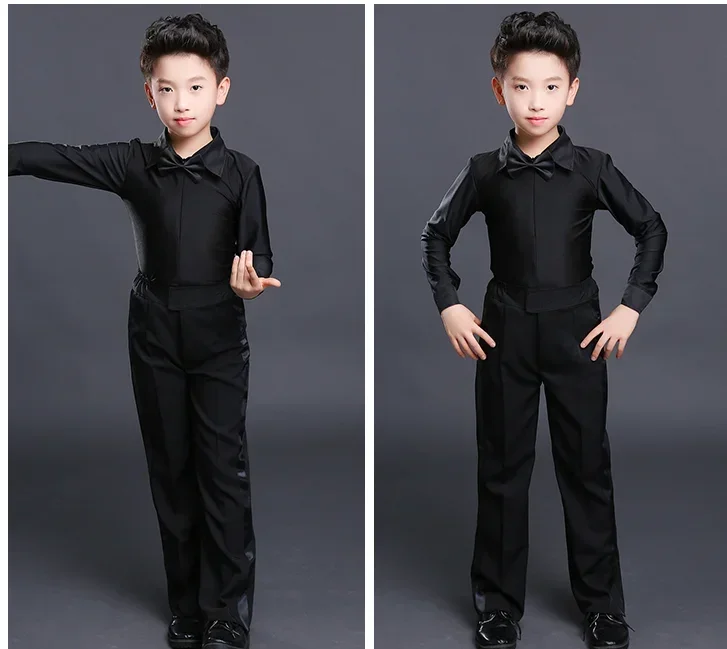 Ensemble haut et chemise de danse latine pour hommes, pantalons pour enfants, chemises blanches et noires, vêtements pour garçons