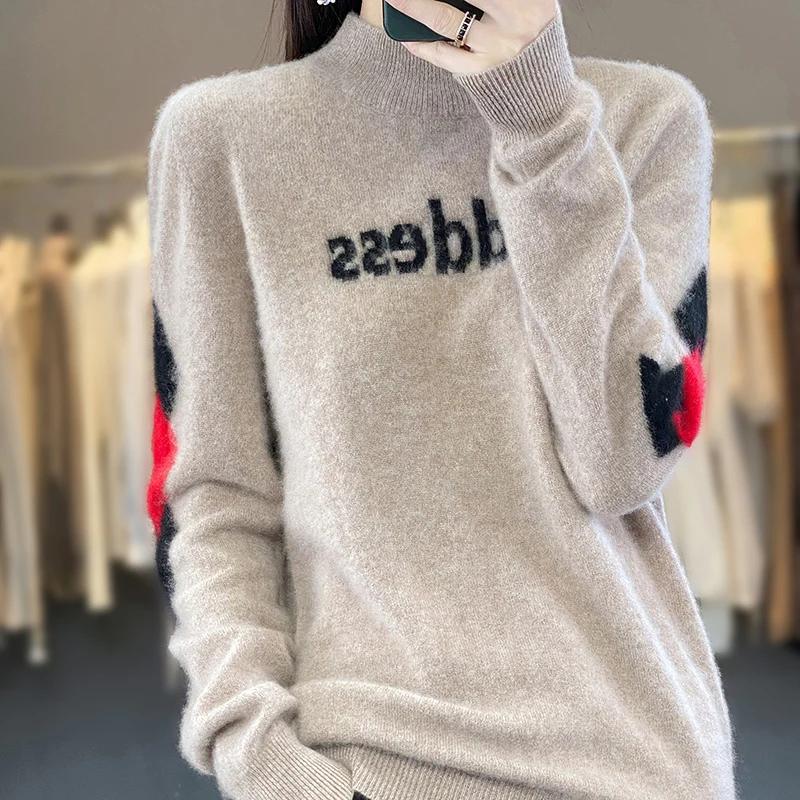 

100% merino cashmere sweater women's autumn and winter embroidery jacquard contrast coat semi-high neck knit pullover