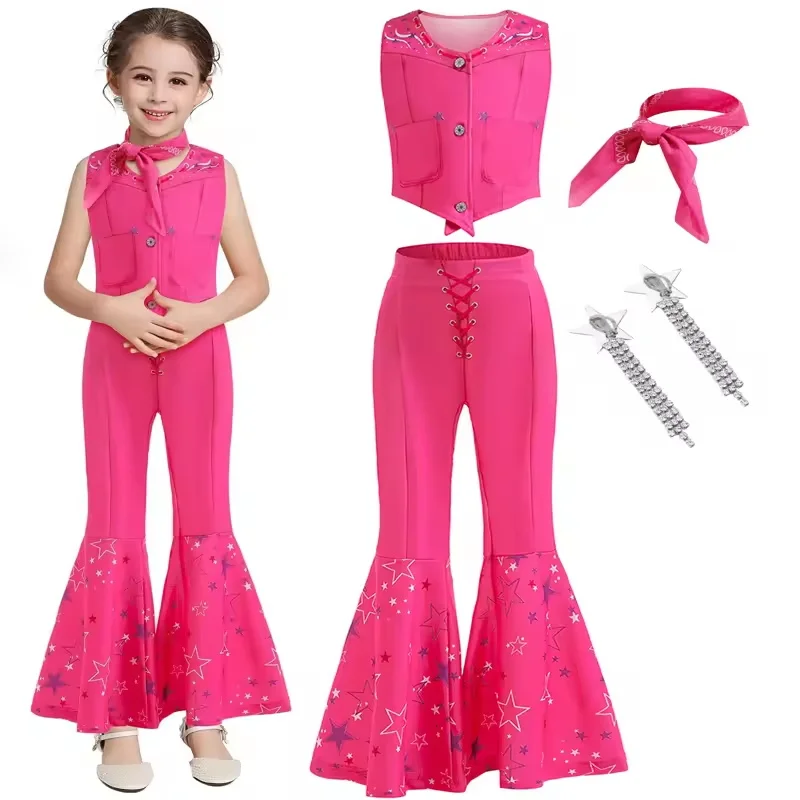 

Little Girl Sweet Barbie Cosplay Clothes Children's Carnival Costume Vacation Style Pink Vest Top And Flared Pants Casual Sets