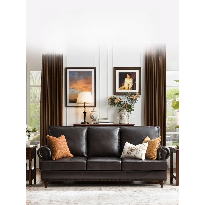 Dark all-leather American sofa living room brown three-person first-floor cowhide villa