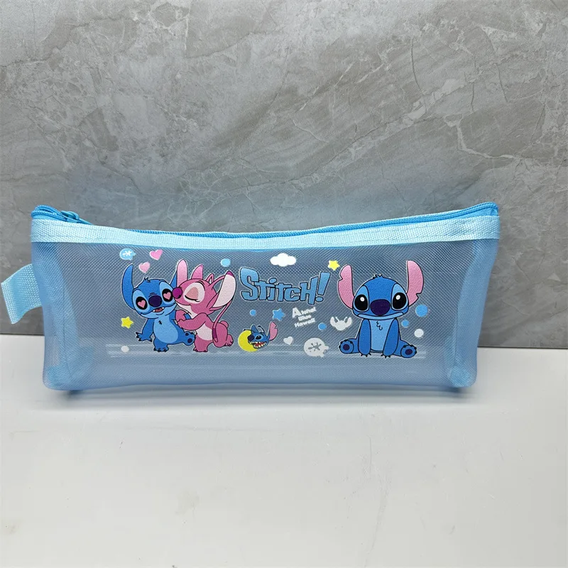 Disney Stitch-estuches de malla para lápices para niñas, bonita bolsa de gasa transparente para bolígrafos, bolsa de papelería, suministros de