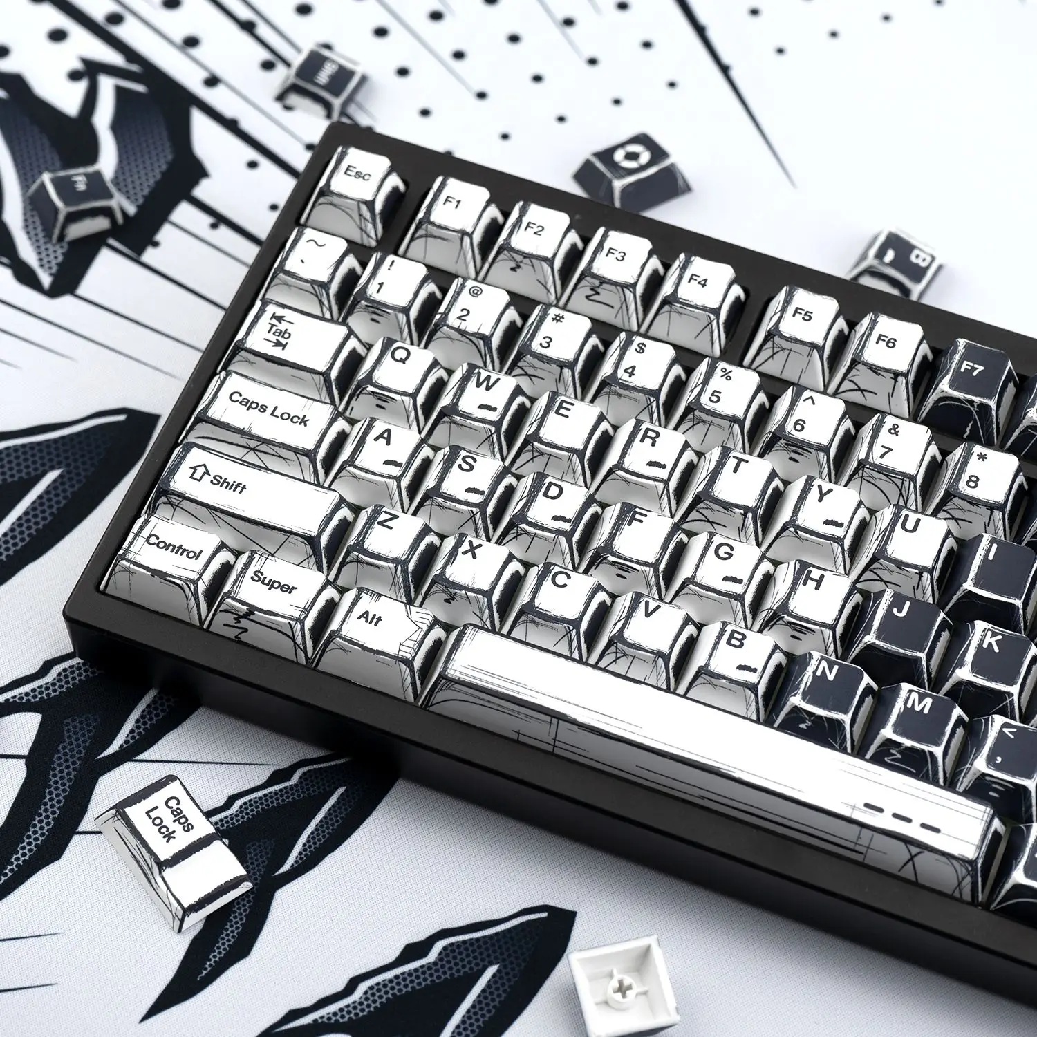 

White Black Comic Keyboard Key caps 5 Sides Dye Sublimation PBT Keycaps Cherry Profile 136 Keys for MX Switches Gaming Keybaord