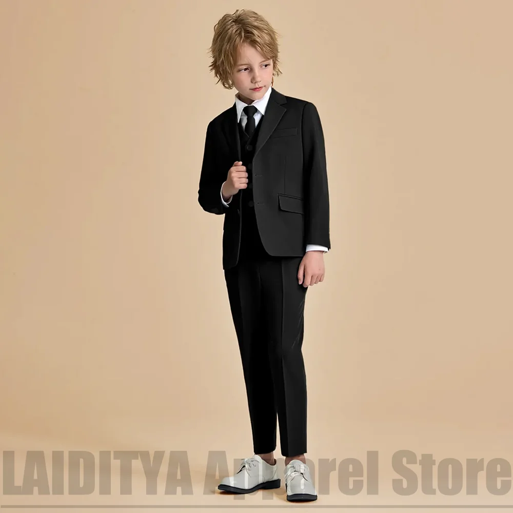 Kids Black Three Piece Suit Fashion Notch Lapel Jacket Waistcoat Trousers Boys Birthday Wedding Party Prom Piano Child Outfit