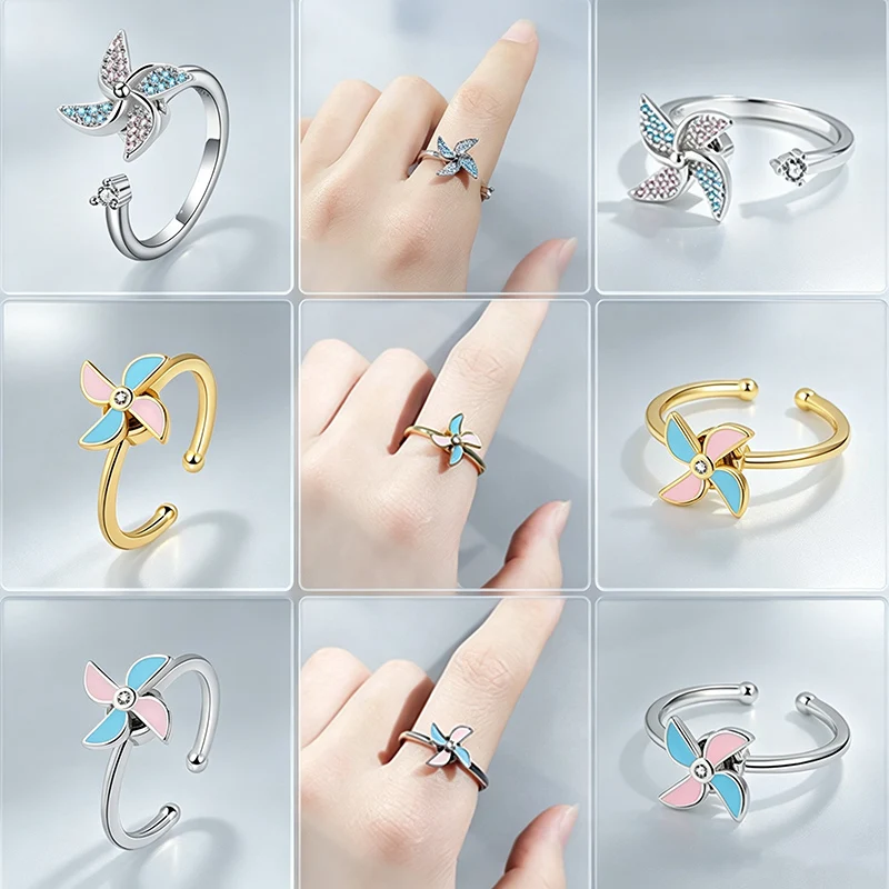 Retro Stainless Steel Rotate Windmill Ring Anti Anxiety Fidget Finger Jewelry Ladies Casual Daily Spinner Rings Gift Accessories