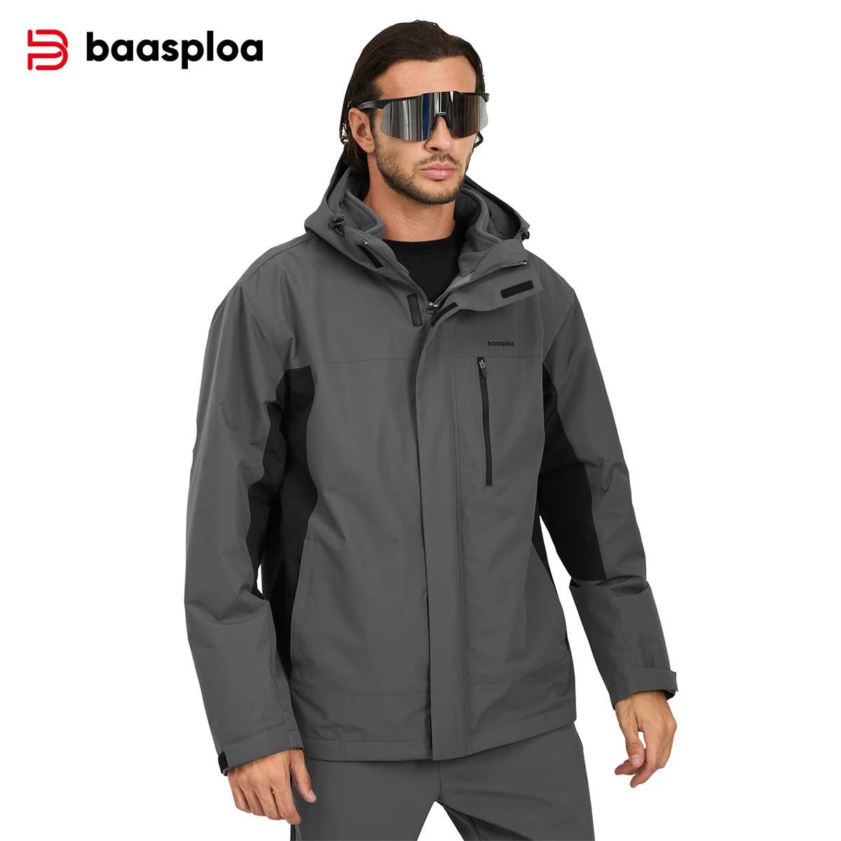 Baasploa Men 3-in-1 Coats Sport Fleece Inner Liner Windproof Hooded Jackets Male Outdoor Climbing Trekking Waterproof Jackets