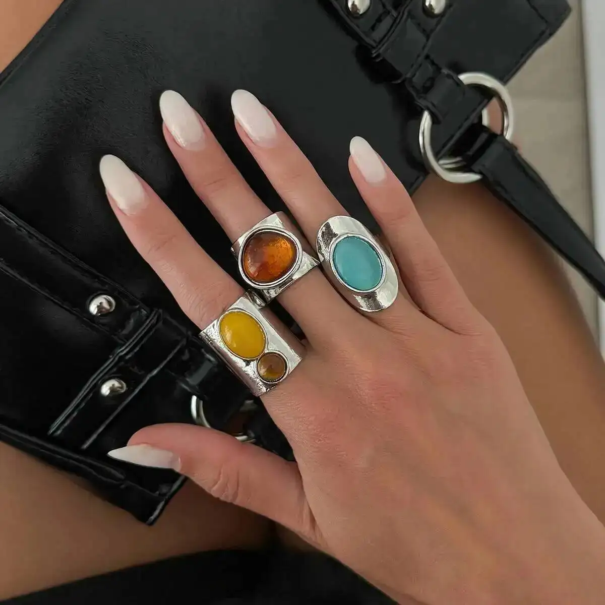 SHIXIN 3Pcs/set Exaggerated Vintage Inlay Resin Finger Rings Women Creative Square Geometric Stack Ring Party Jewelry Gifts New