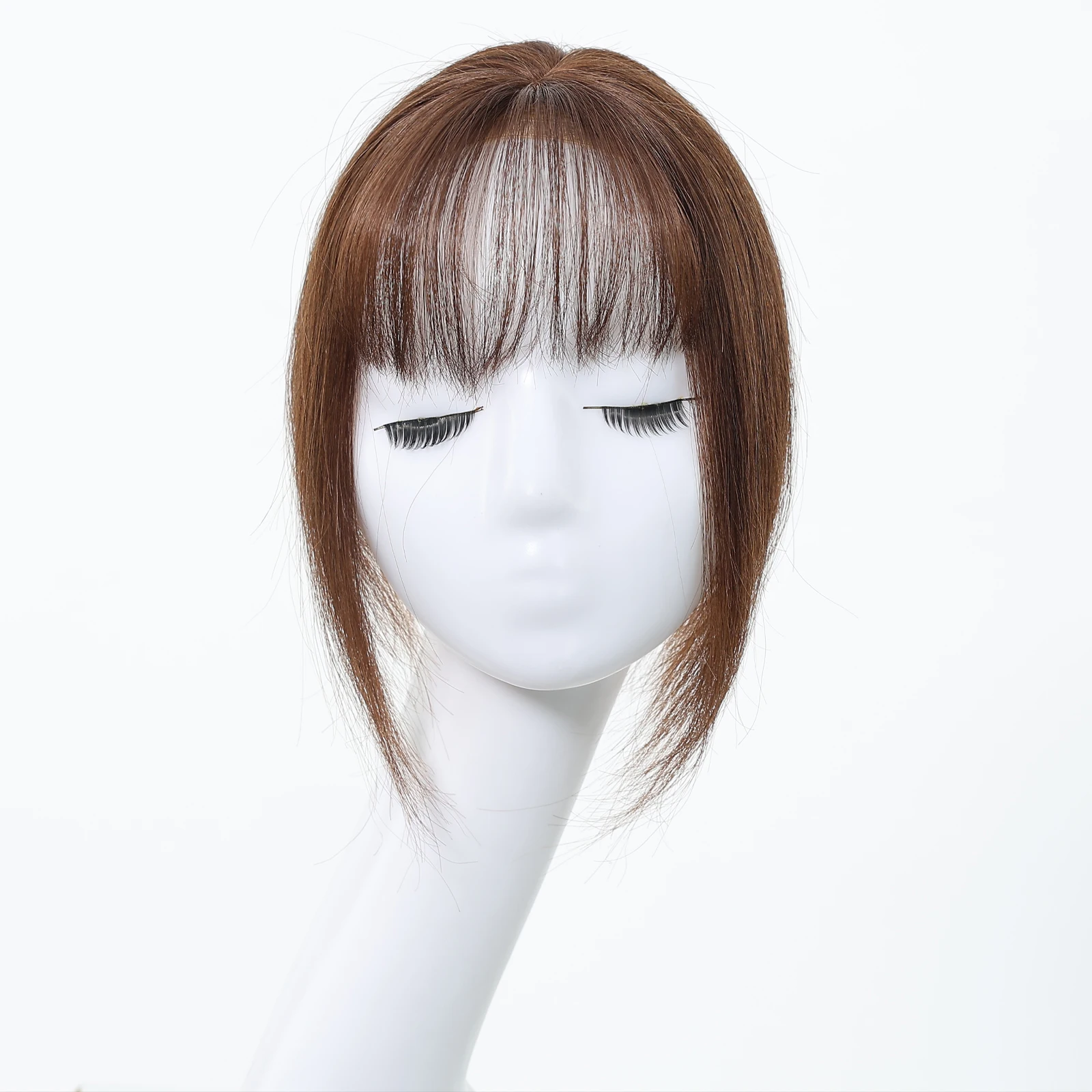 Rambut Asli Remy Berbasis Sutra Cokelat 10 Inch dengan Poni, 3 Jepitan, untuk Wanita, Penggunaan Sehari-hari dan Pesta, Ekstensi Rambut