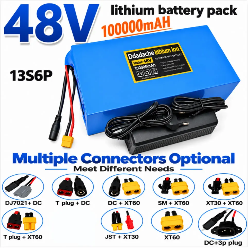Batteria agli ioni di litio 48V 100000mAh 13S6P, 2000W, per scooter elettrico Citycoco, con BMS integrato da 50A e caricabatterie da 54,6V 2A.