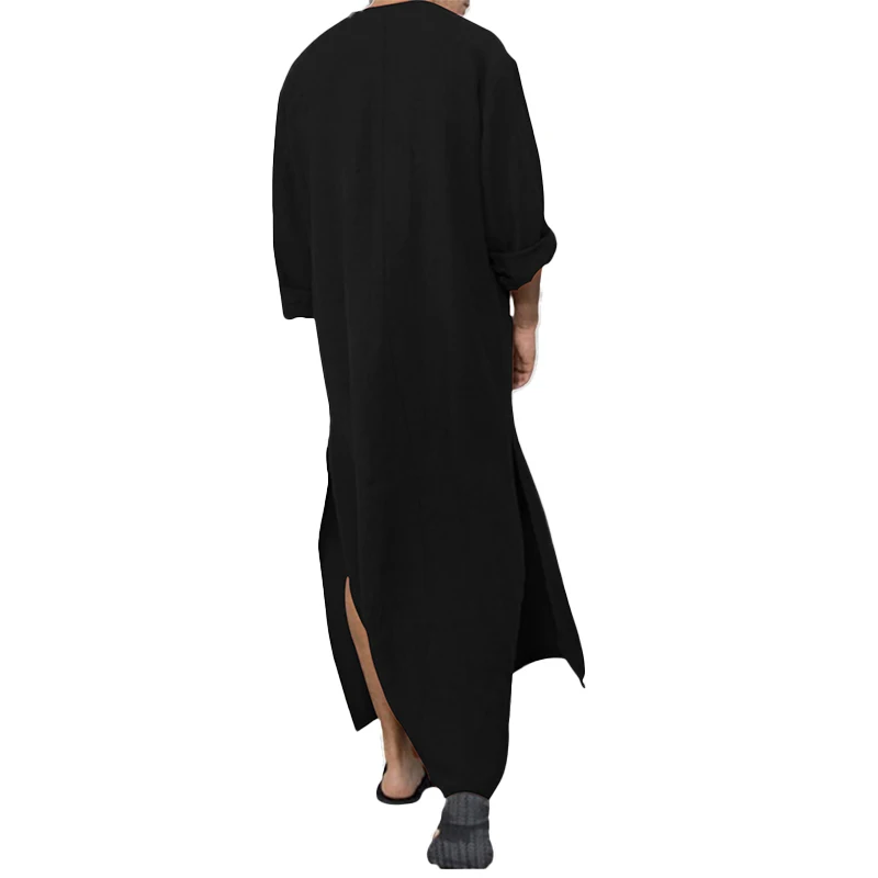 Cotton & Linen Blend Men\'s Muslim Dresses Long Sleeve Solid Henley Shirts With Pocket Kaftan Islamic Arabic Long Gown Thobe Robe