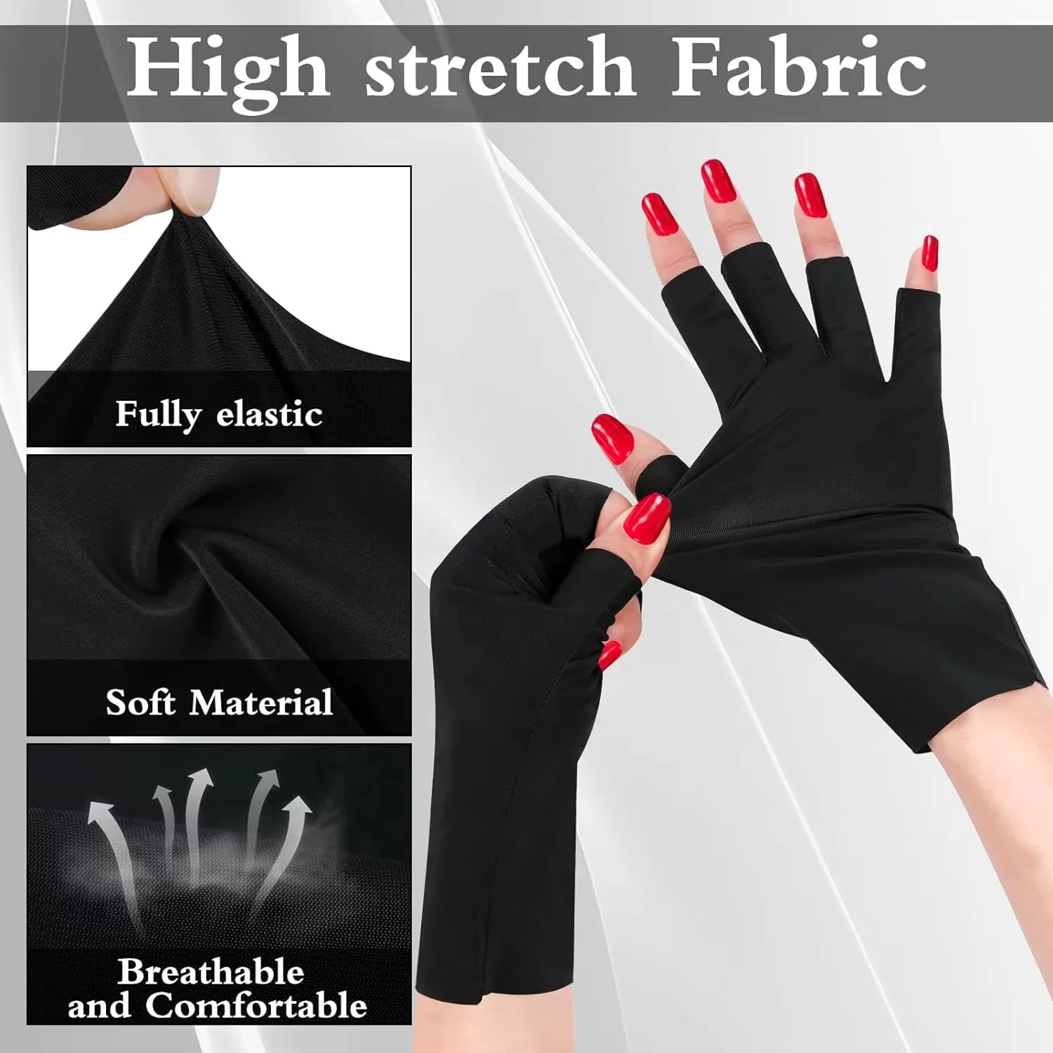 스타일리시하고 다채로운 네일 보호 장갑으로 자외선 차단과 손톱 변색 방지 기능을 제공하며 자외선 차단 기능이 특징입니다.