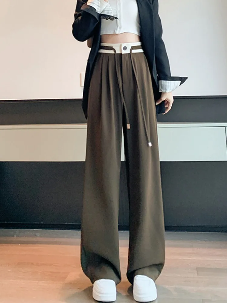 بنطلون واسع الساق بخصر مرتفع للنساء، تصميم فريد بألوان متباينة مع رباط خصر، بنطلون كاجوال مستقيم الساق لفصلي الربيع والخريف
