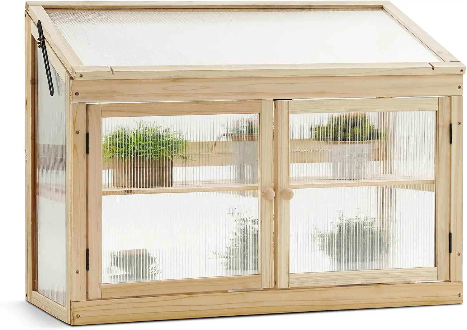 2-Tier Wooden Cold Frame Raised Garden Planter Bed Protective Greenhouse Flower Display Shelf Indoor Outdoor Gardening Station Natural Wood Finish