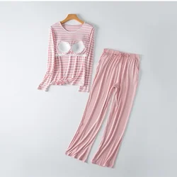 Plus Size Women's Autumn Spring Pajama Set Chest Pad Long Sleeve Two-piece Suit Korean Style Outerwear Home Clothes Sleepwear