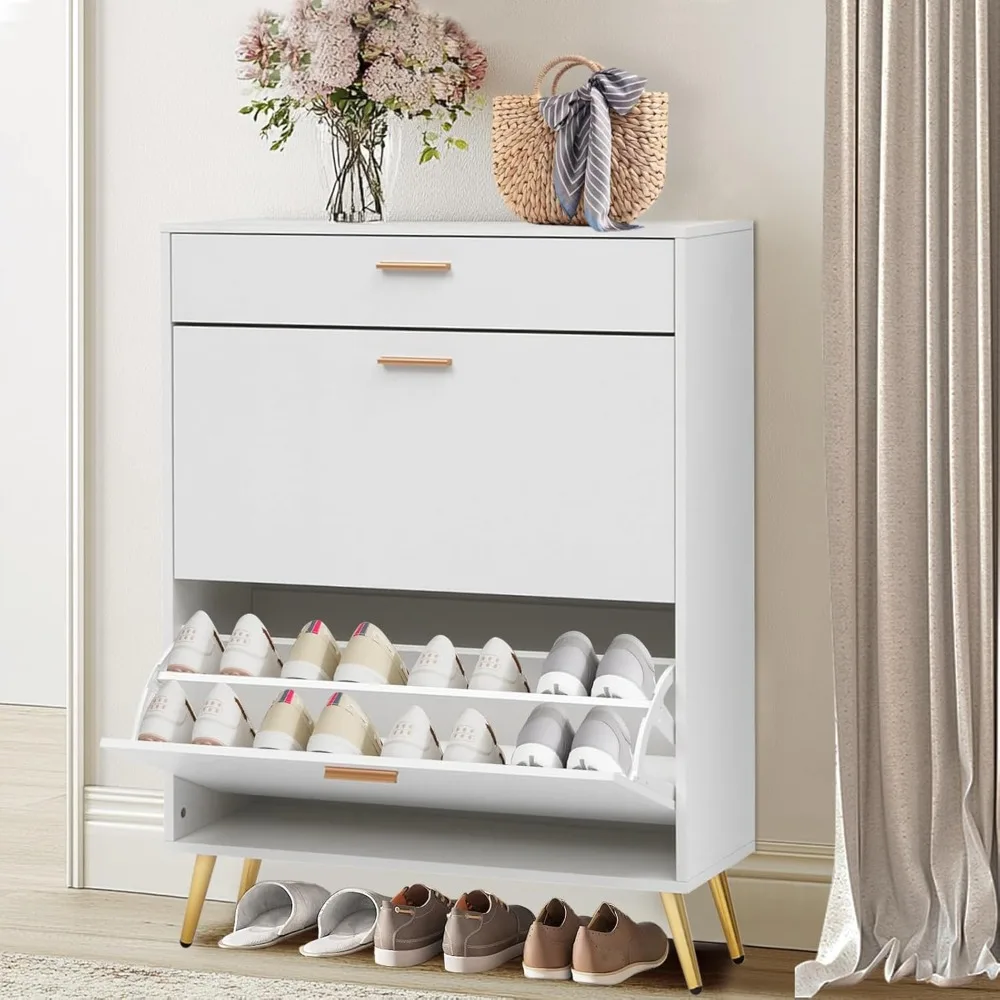 

Shoe storage cabinet with 2 flip-out drawers and 1 drawer for entrances, hallways, hidden narrow shoe shelves