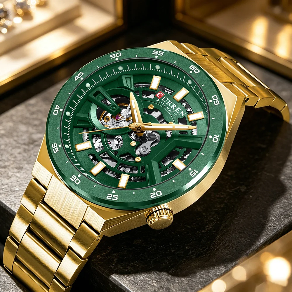 CURREN 8486 New Men's Large Waterproof Automatic Luminous Watch Elegant Mechanical Watches Unique Skeletonized Dial metal strap