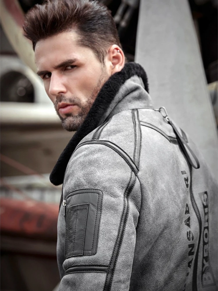 سترة شيرلينغ للرجال من جلد الغنم معطف شتوي من الفرو سترة جلدية B3 سترة طيران