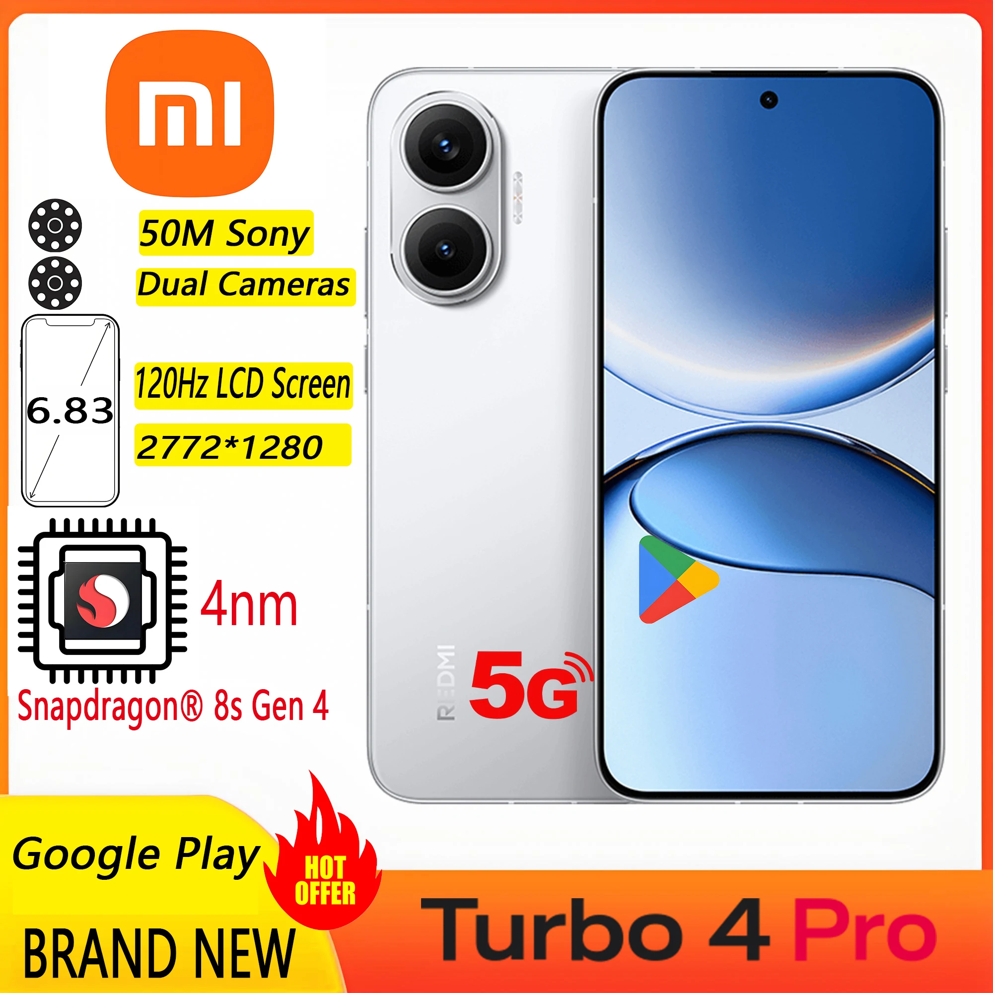 Original Google play Redmi Turbo 4 Pro xiaomi 256GB/512GB Snapdragon 8s Gen 4 6.83 inch 2772x1280 Screen 90W 7550mAh 50MP+20MP