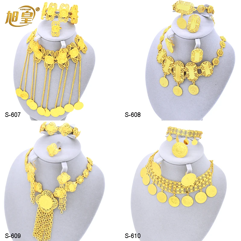 

XuHuang Luxury Gold Plated Tassel Coin Jewellery Sets For Women Nigerian Dubai Wedding Party Round Pendant Jewelry Set Gifts 24K