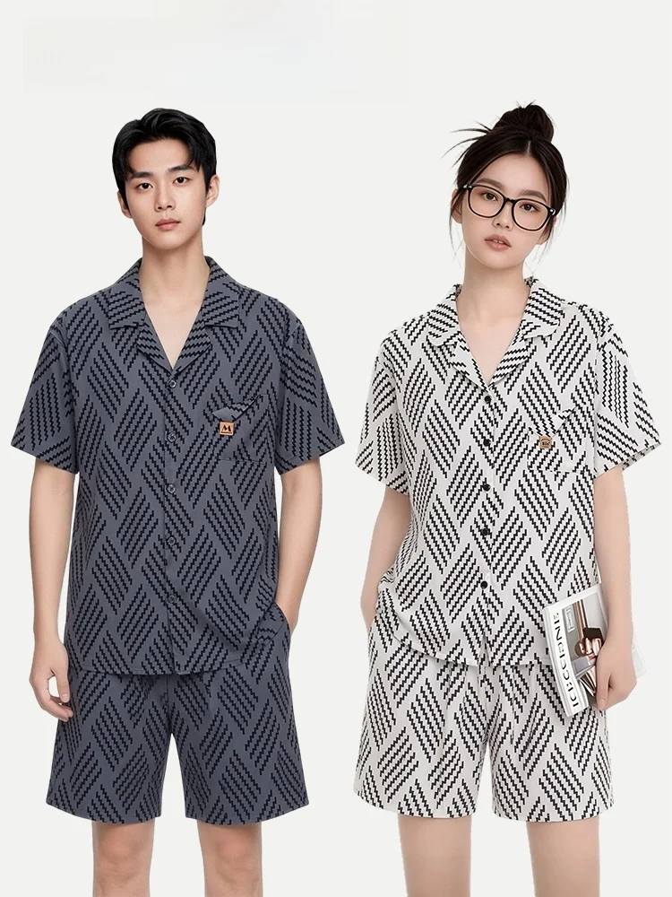 

Couple's Summer Ice Silk Sleepwear Short Sleeve Home Clothes Geometric Diagonal Pattern Ultra Soft Moisture Wicking Outfit