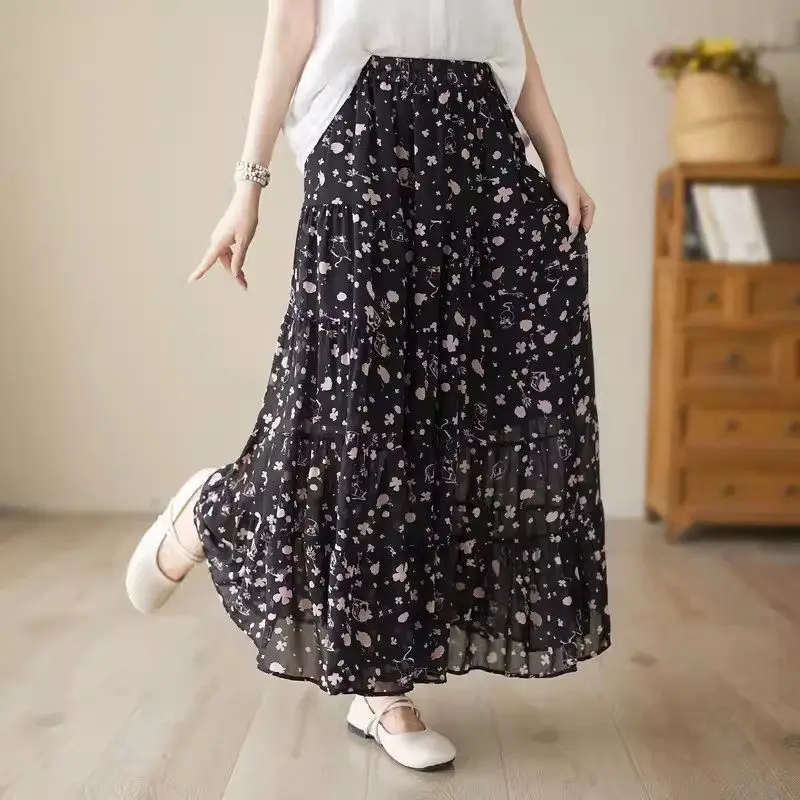 2024 Summer Chiffon Skirt High Waist Lady Fashion Casual Retro Loose Pleated A-Line Long Floral Skirt Mujer Faldas  K1563