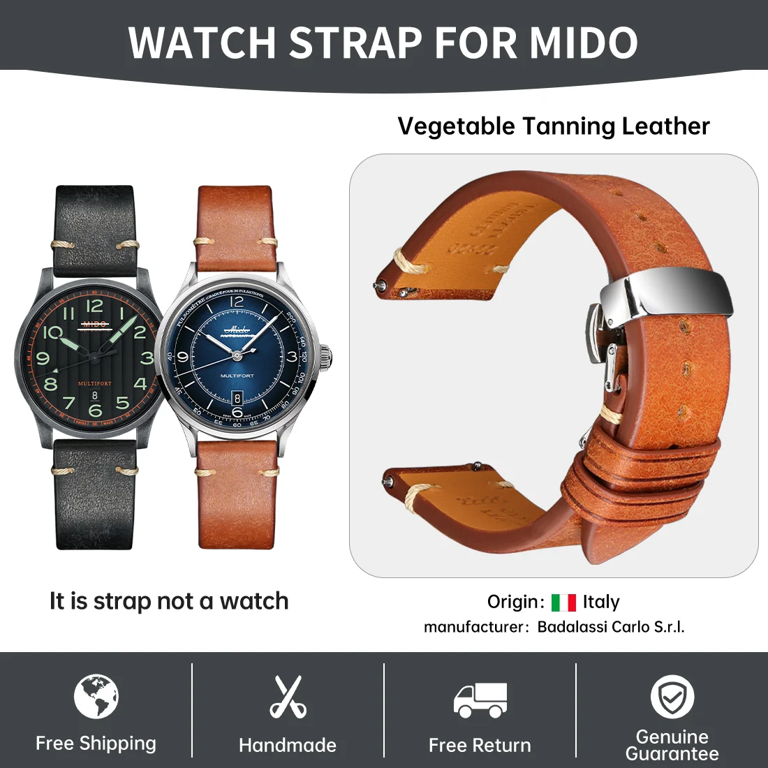 

Luxury Italian Pueblo Leather Watch Bands for Men 18mm 20mm 22mm 24mm Quick Release Watch Strap With Stainless Steel Buckle