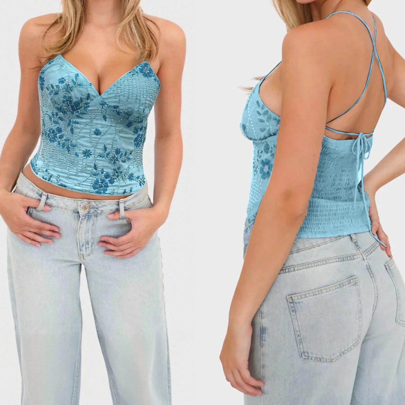 Summer Women Floral Camisole Crop Top Fashion Sleeveless Embroidery V Neck Cami Y2K Sexy Clubwear Tank Tops Streetwear Clothes